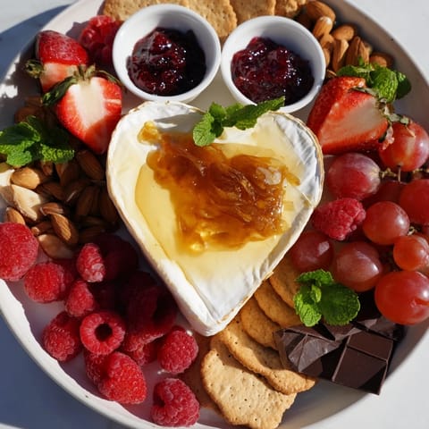 Creamy Brie and colorful fruit on a romantic Sweetheart Brie and Jam Board appetizer spread.