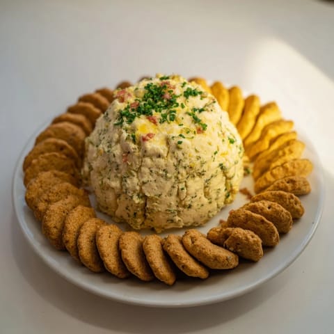 A close-up of a beautifully presented Herb-Coated Cheese Log surrounded by a crunchy cracker ring.