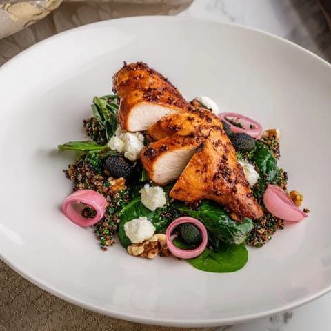 Der Blueberry Goat Cheese Chicken Salad, ein erfrischender Salat mit cremigen Ziegenkäse-Stücken.