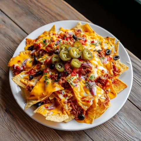 Knusprige Tortilla-Chips, belegt mit Rindfleisch, Käse und Gemüse, formen Easy Sheet-Pan Nachos.