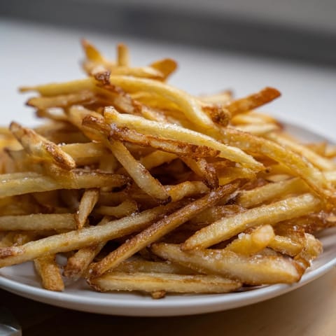 Thinly sliced, golden air-fryer potato chips, perfect for dipping, a classic homemade treat.