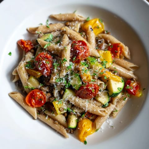 Vibrant image of Lentil Pasta with Vegetables, perfectly plated with fresh herbs, ready to serve and enjoy.