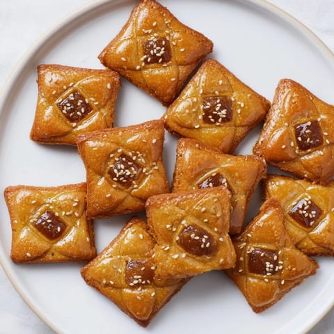 Close-up of freshly fried Tunisian Makroudh cookies, glistening with honey syrup and sesame seeds.