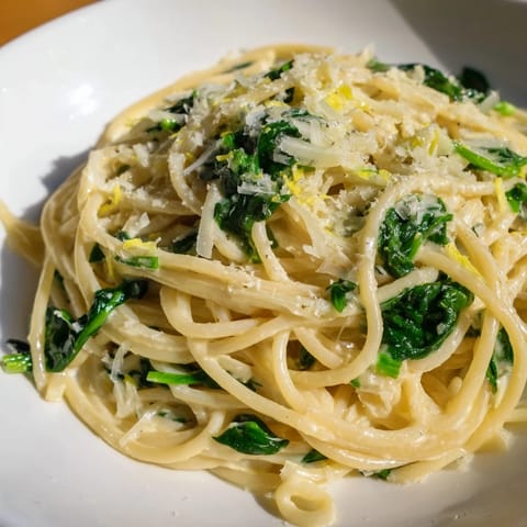 Creamy lemon spinach spaghetti coated in a rich, velvety sauce, ready to be enjoyed.