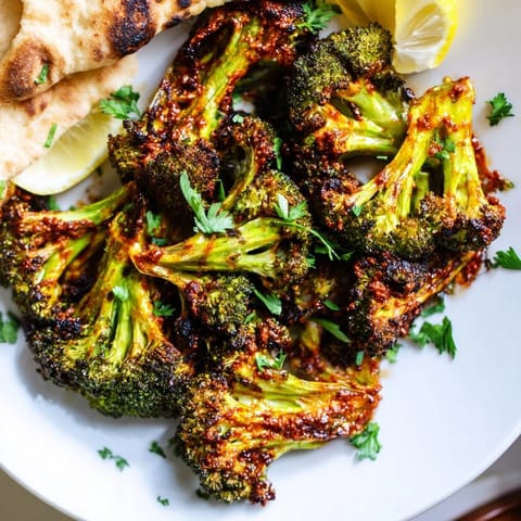 A close-up view of harissa broccoli piled high on flatbreads, garnished with fresh cilantro and dollops of creamy Greek yogurt.