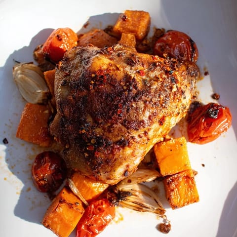 Einfarbiges Chicken and Sweet Potato Traybake auf einem Blech mit knuspriger Haut und Zitronenscheiben.