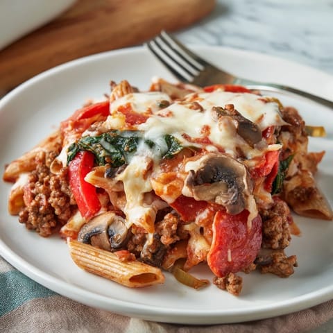 High Protein Italian Beef and Pasta Bake aus dem Ofen, dampfend und aromatisch mit frischen Basilikumblättern garniert.