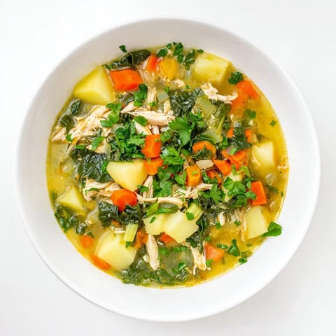 Bowl of steaming Collard Greens, Chicken and Vegetable Soup with tender shredded chicken and bright greens