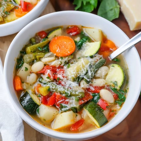 Italian Herb Vegetable Soup steaming in a rustic pot, showcasing tender carrots, celery, and spinach in a rich broth.  