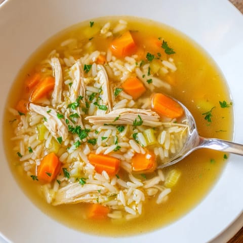 Schüssel mit rustikaler Cozy Winter Chicken and Rice Soup, garniert mit frischer Petersilie und einem Spritzer Zitrone.