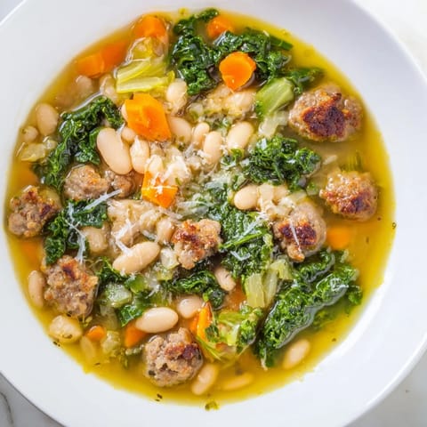 Topf voller heißer italienischer Weißbohnensuppe mit Kale und Wurst, serviert auf rustikalem Teller.
