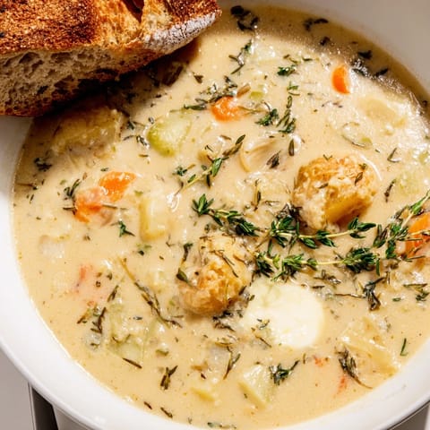 Bildbeschreibung: Geröstetes Knoblauchtopf- und Kräutersuppe dampft aromatisch, serviert mit Petersilie und Chives, perfekt für kühle Herbstabende.