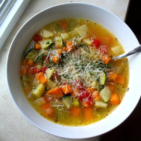 Savory Parmesan Veggie Soup served in rustic bowls, accompanied by crusty bread for dipping.