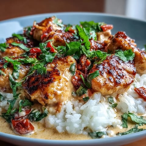 Aromatisch gewürzte Hähnchenbrust in cremiger Kokosmilch-Sauce serviert mit Reis und Koriander.