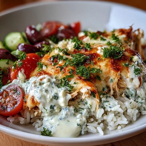 In diesem fertigen Ofenbild ist eine goldbraun gebackene Chicken Tzatziki Casserole mit Reis, Gurken, Tomaten und Feta auf einem rustikalen Tisch zu sehen.