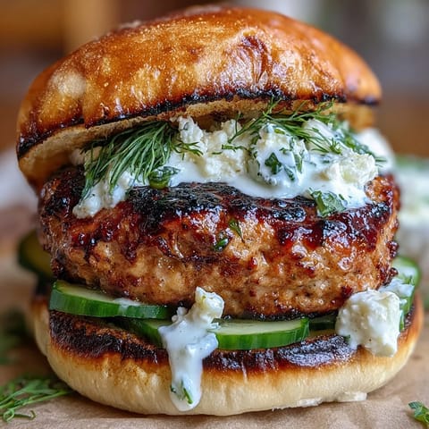 Saftige griechische Hühnerburger mit Tzatziki, Tomaten und Gurken auf einem weichen Brioche-Brötchen