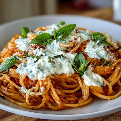 Lächelnde, goldbraune Burrata-Kugeln ruhen auf dampfenden Creamy Red Pepper Pasta, begleitet von knusprigem Brot für den perfekten Abend.