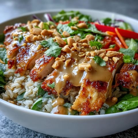 Eine farbenfrohe Peanut-Chicken-Bowl mit saftigem Hähnchen und knackigem Gemüse.