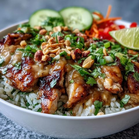 Tender chicken, creamy peanut sauce, and fresh veggies make this Thai Peanut Chicken Bowl irresistible.