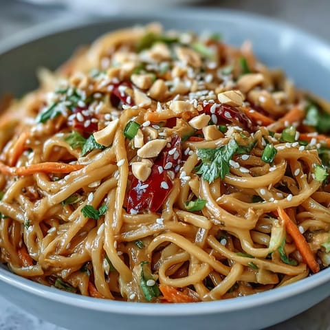 Präsentiert wird eine bunte asiatische Erdnudel-Schüssel mit frischen Zutaten und Erdnuss-Dressing.