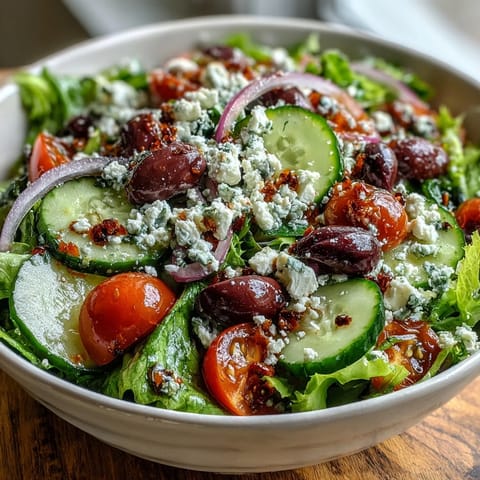 Dieser mediterrane grüne Salat sieht frisch aus, serviert mit einem Tang von Oliven.