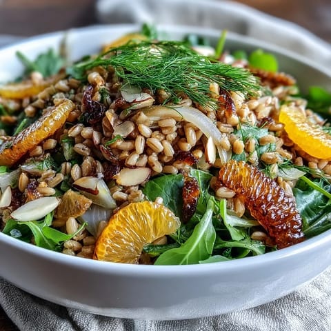 Ein erfrischender Farro-Salat mit knusprigem Fenchel, saftigen Orangen und Mandeln.