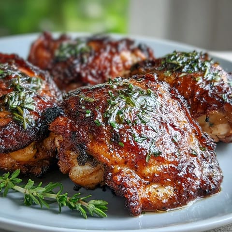 Saftige Crispy Baked Bone-In Chicken Thighs werden im Ofen mit Kräutern gebacken.