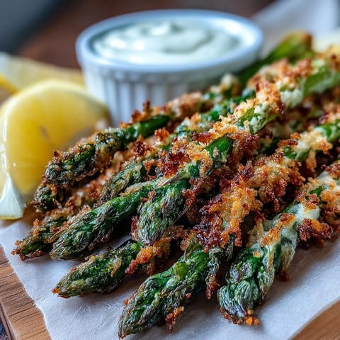 Knusprige Crispy Asparagus Asiago Speere gerichtet mit frischer Petersilie und Zitronenkeilen