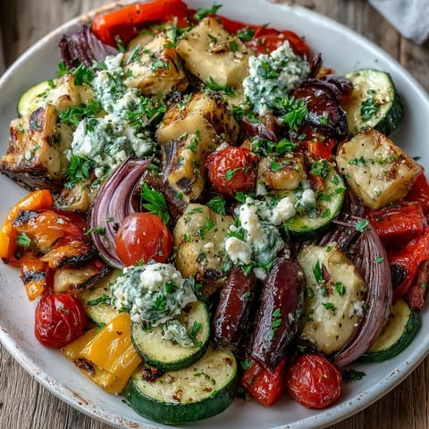 Scharf geröstete Paprikaschoten mit Tomaten-Füllung, dazu zarte Zucchini und Käse überbacken, serviert auf einer bunten Gemüseplatte.  