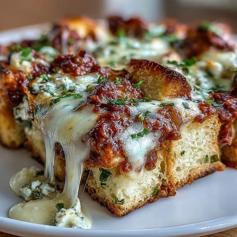 Goldener Käse-Knoblauch-Brot-Lasagne-Skillet im Ofen