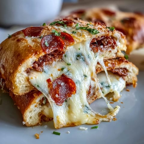 Scharfer Baked High-Protein Pepperoni Stromboli mit geschmolzenem Mozzarella und würziger Marinara-Dipsoption.
