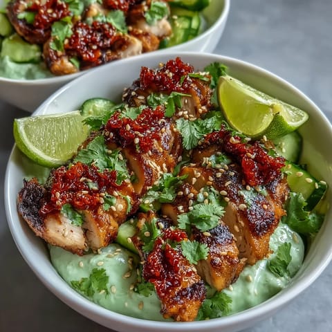 TikTok Chili-Crisp Cucumber Chicken Bowls mit saftigem Hähnchen, knackigen Gurken und Chili-Öl.