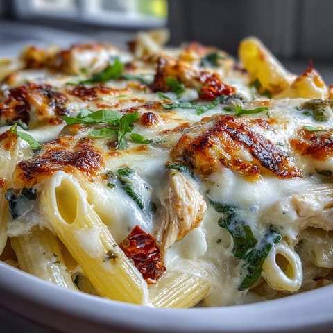 Golden Greek Yogurt Chicken Alfredo Bake bubbling with creamy sauce, spinach, and shredded chicken in a baking dish.