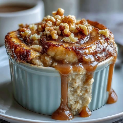 Cinnamon Swirl Protein Banana Baked Oats topped with creamy Greek yogurt and a drizzle of maple syrup.