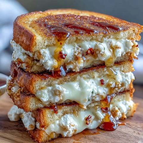 Genießlich: Goat Cheese & Hot Honey Chicken Grilled Cheese mit Suppe serviert.