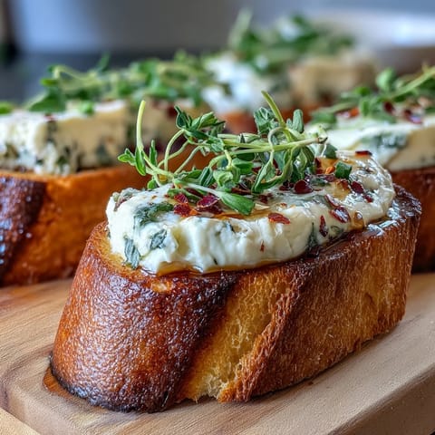 Frisch gebackene Hot Honey Goat Cheese Crostini mit cremigem Ziegenkäse und glasigem süß-scharfem Honig.