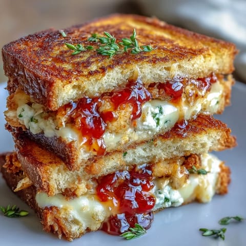 Goldene Goat Cheese & Hot Honey Chicken Grilled Cheese auf Sauerteig, köstlich geschmolzen.