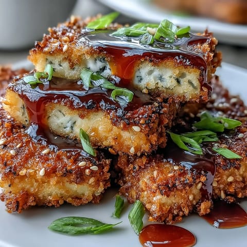 Goldene Sesame Crusted Tofu Steaks mit Teriyaki, garniert mit frischen Scallions auf Reis für Familien.