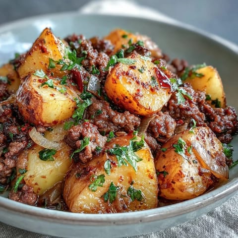 High Protein Ground Beef with Potatoes in a cast iron skillet with golden seared potatoes and savory beef.
