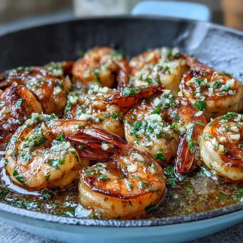 Garlic Butter Prawns als appetitliches Hauptgericht, serviert mit knusprigem Brot zum Eintauchen.