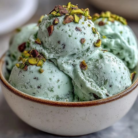 Luxurious Pistachio Gelato in a chilled bowl, topped with chopped pistachios and a silver spoon for serving.