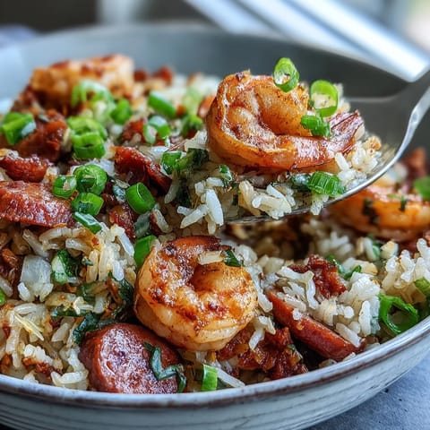 Cajun Dirty Rice with Juicy Shrimp & Sausage steaming in a rustic skillet, garnished with fresh green onions.