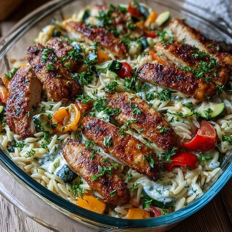 Goldene Boursin Orzo Auflauf: Hähnchen & Gemüse Freude mit gebratenen Hähnchenbruststreifen und cremiger Käsesauce.