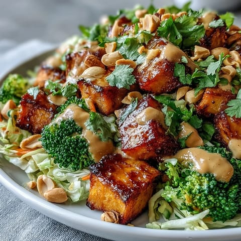 Üppiger Thai Peanut Sweet Potato Buddha Bowl mit cremiger Sauce, buntem Kohl und Avocado für eine gesunde Mahlzeit