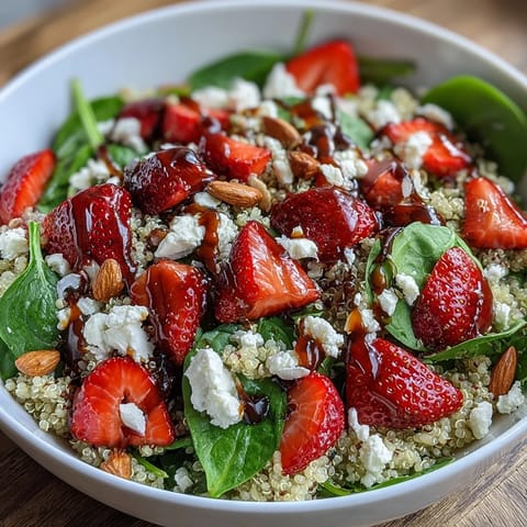 Slices of ripe strawberries and baby spinach on fluffy quinoa, drizzled with tangy balsamic vinaigrette and topped with almonds.