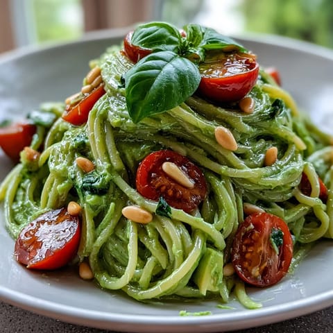 Close-up of Vegan Creamy Avocado Lime Pasta with Cherry Tomatoes, highlighting glossy green sauce and juicy halved tomatoes.