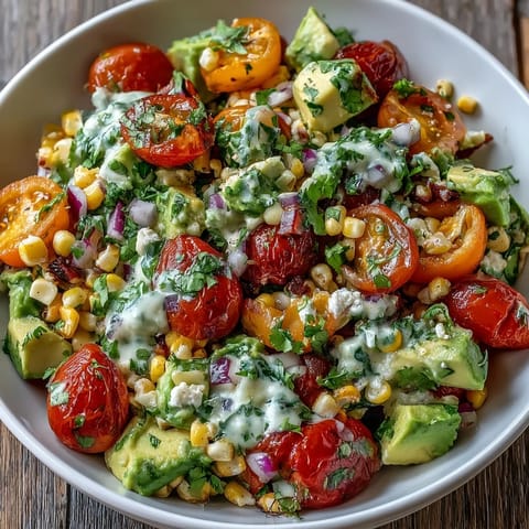 Fresh Corn and Tomato Salad with Avocado and Lime in a rustic bowl, bright cherry tomatoes and diced avocado mixed with sweet corn and herbs.