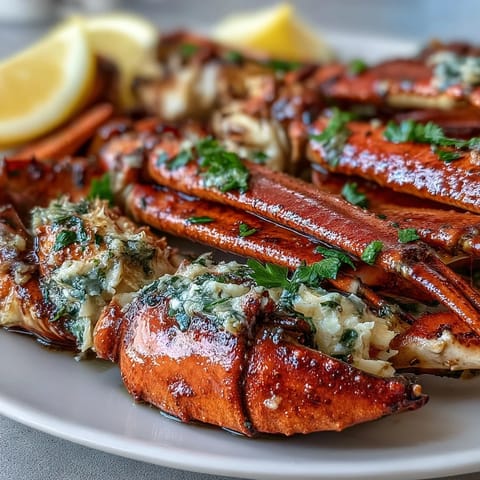 Gekochte Keto Garlic Butter Crab Legs mit frischen Zitronenkeulen auf einem Teller.  