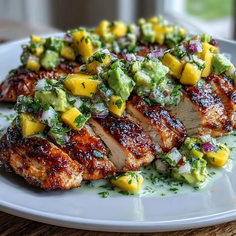 Grilled Chicken with Mango Avocado Salsa topped with diced avocado and fresh cilantro on a white plate