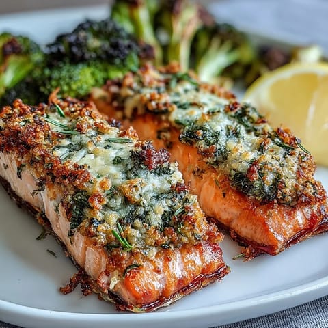 2. Aromatischer Lachs aus dem Ofen mit würzigem Parmesan-Belag, begleitet von goldbraunem Brokkoli und Zitronensaft zum Verfeinern.  